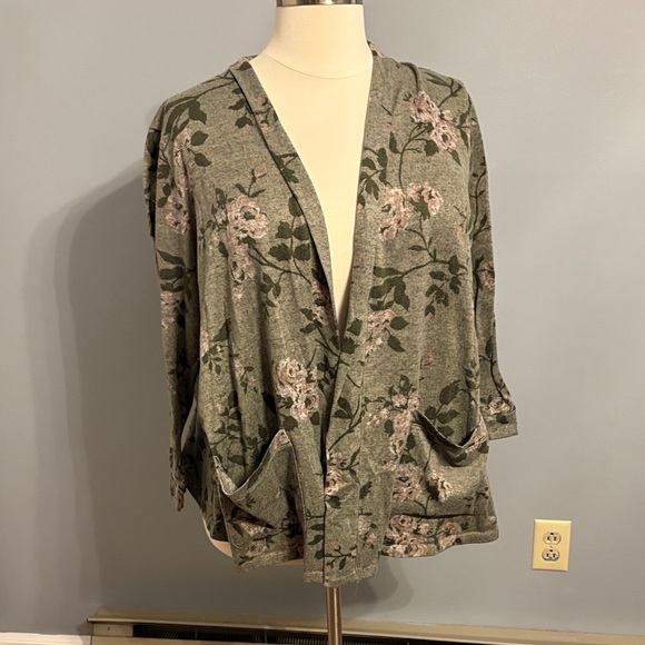 Lane Bryant Sweaters - Lane Bryant Olive Green Floral Open-Front Cardigan with Pink Accents